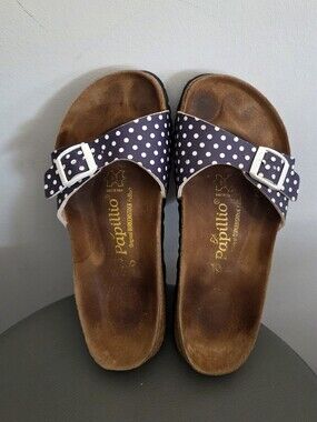 Papillio Birkenstock Madrid Polka Dot Slide Sandals Blue White Single Strap 37